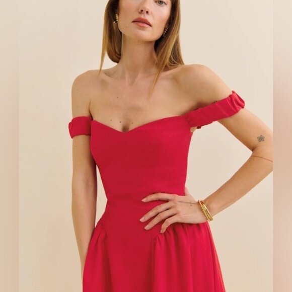 NEW Reformation Monet Linen Midi Dress Lipstick Red Off-Shoulder | size 4 - Picture 3 of 14
